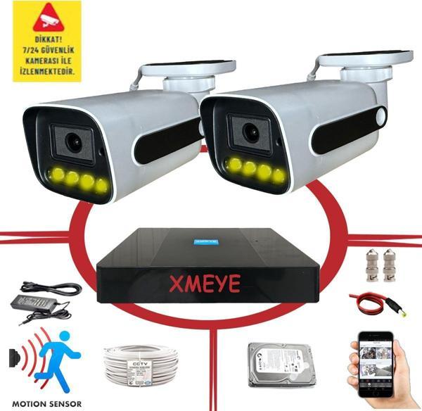 Bises 2 Kameralı Hareket Algılayan 5 MP Lens 4 Warm Led Gece Renkli Gösteren Güvenlik Kamerası Seti BS 784W - Image 1