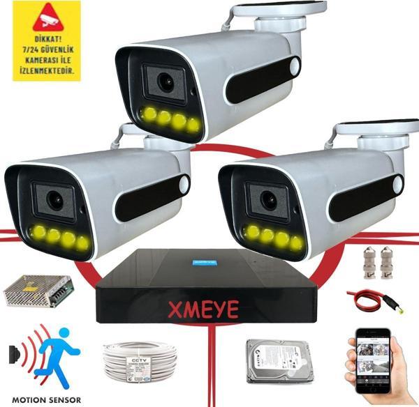 Bises 3 Kameralı Hareket Algılayan 5 MP Lens 4 Warm Led Gece Renkli Gösteren Güvenlik Kamerası Seti BS 784W - Image 1