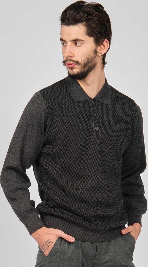 Woolman Erkek Desenli Polo Yaka Yün Kazak 1572113 Füme - Image 1
