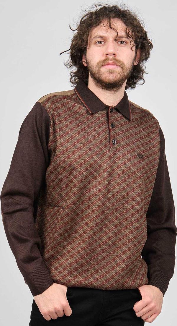 Pelikan Erkek Desenli Dirsek Detaylı Polo Yaka Kazak 1577423 Kahverengi - Image 1