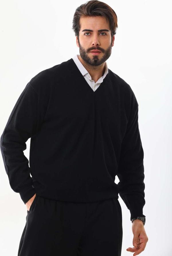 Sanfa Erkek V Yaka Saf Yün Kazak 4103 Siyah - Image 1