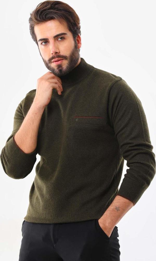 Sanfa Erkek Yarım Balıkçı Yaka Saf Yün Kazak 2702 Yeşil - Image 1
