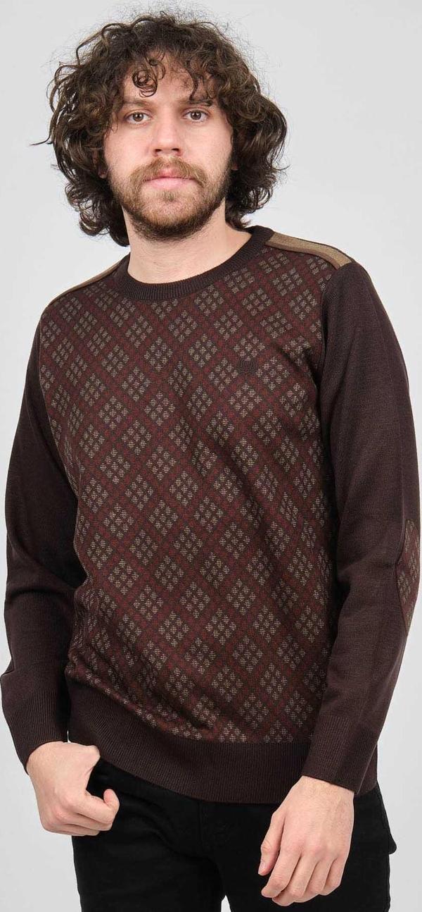 Pelikan Erkek Desenli Bisiklet Yaka Kazak Kahverengi - Image 1