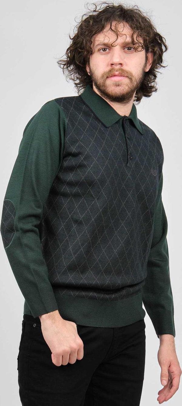 Pelikan Erkek Çizgili Dirsek Detaylı Polo Yaka Kazak 1577405 Yeşil - Image 1