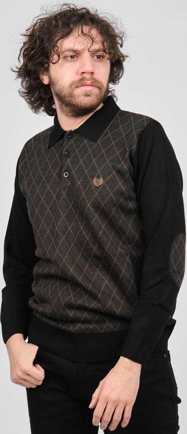 Pelikan Erkek Çizgili Dirsek Detaylı Polo Yaka Kazak 1577405 Siyah - Image 1