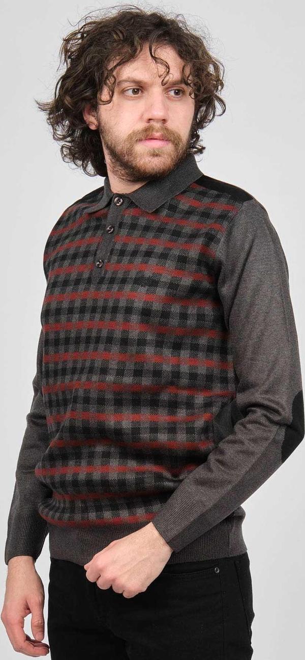 Pelikan Erkek Çizgili Dirsek Detaylı Polo Yaka Kazak 1577409 Antrasit - Image 1