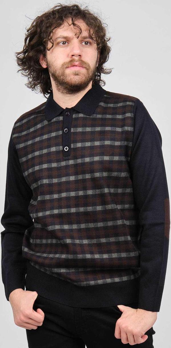 Pelikan Erkek Çizgili Dirsek Detaylı Polo Yaka Kazak 1577409 Lacivert - Image 1