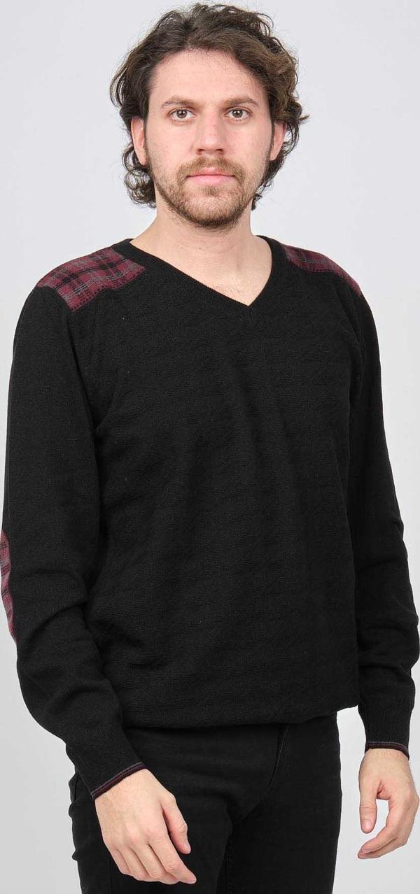 Desen Triko Erkek V Yaka Saf Yün Kazak 0246538 Siyah - Image 1