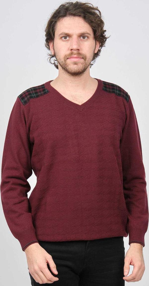 Desen Triko Erkek V Yaka Saf Yün Kazak 0246538 Bordo - Image 1