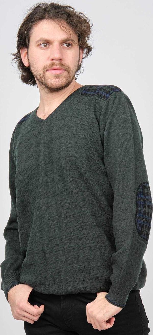 Desen Triko Erkek V Yaka Saf Yün Kazak 0246538 Yeşil - Image 1