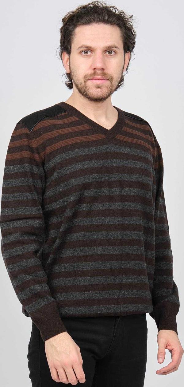 Desen Triko Erkek V Yaka Desenli Saf Yün Kazak 0246546 Kahverengi - Image 1