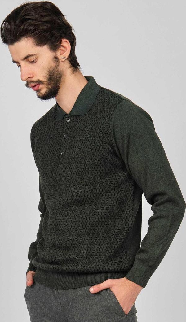 Woolman Erkek Desenli Polo Yaka Yün Kazak 1571053 Yeşil - Image 1