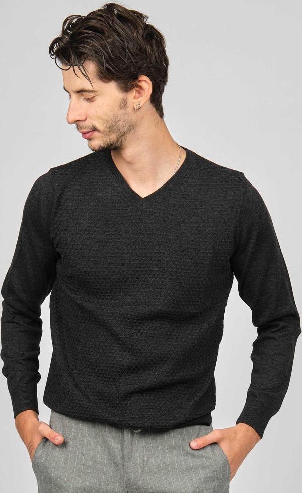 Desen Triko Erkek V Yaka Yün Kazak 0249617 Füme - Image 1