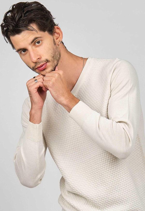 Desen Triko Erkek V Yaka Yün Kazak 0249617 Kemik - Image 1