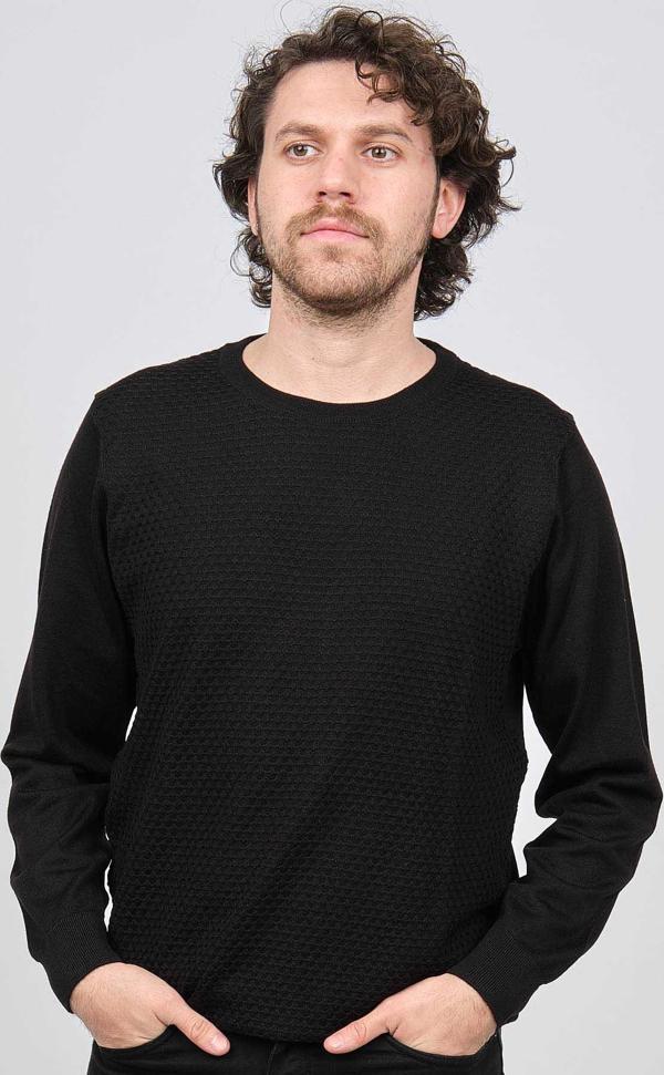 Desen Triko Erkek Bisiklet Yaka Desenli Yün Kazak 0249618 Siyah - Image 1