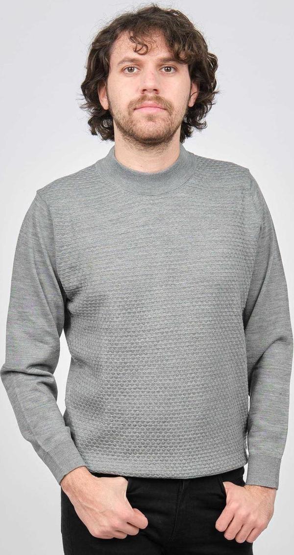 Desen Triko Erkek Yarım Balıkçı Desenli Yün Kazak 0249619 Gri - Image 1