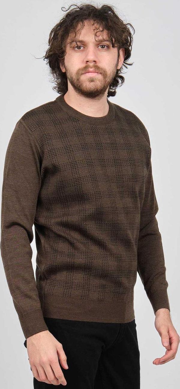 Haki Triko Erkek Bisiklet Yaka Desenli Kazak 60862009 Kahverengi - Image 1