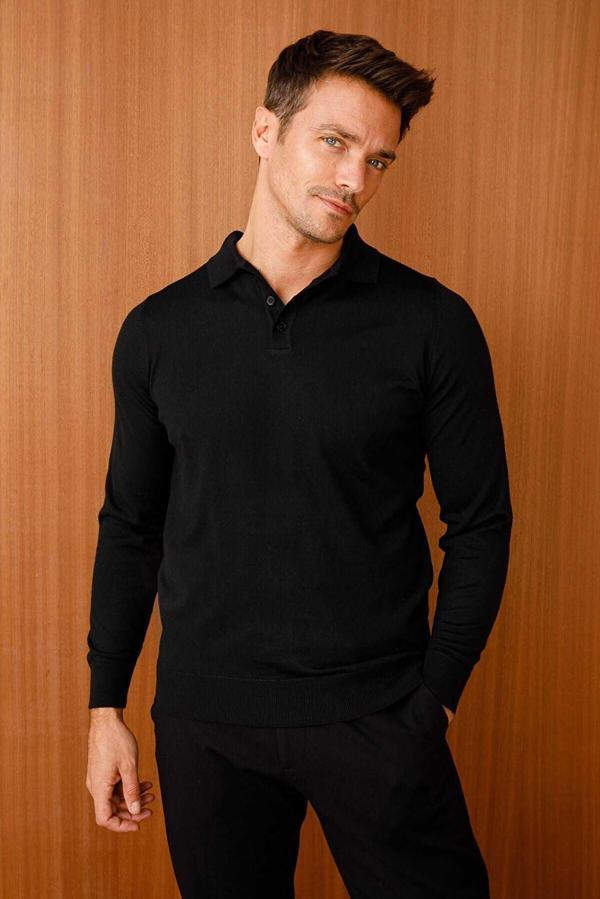 Desen Triko Erkek Basic Polo Yaka İnce Triko Kazak 02421601 Siyah - Image 1