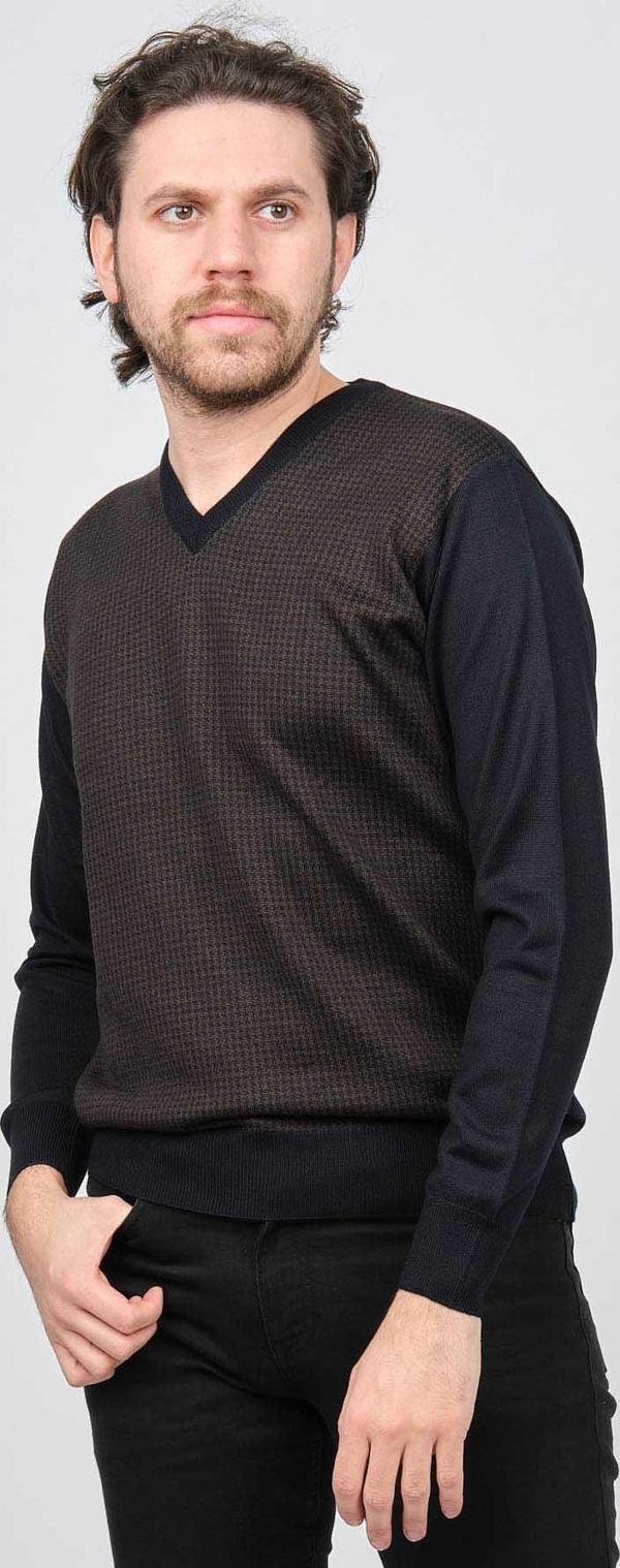 Woolen World Erkek V Yaka Desenli Yün Kazak 5596702 Lacivert - Image 1
