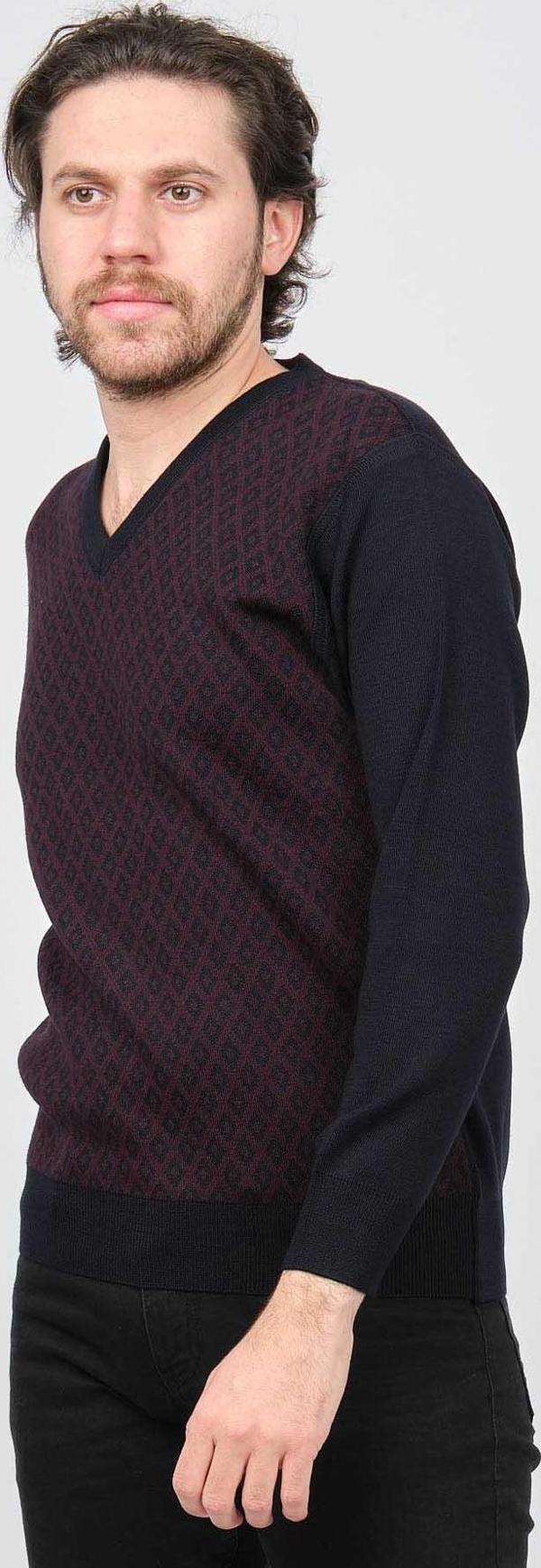 Woolen World Erkek V Yaka Desenli Yün Kazak 5596832 Bordo - Image 1