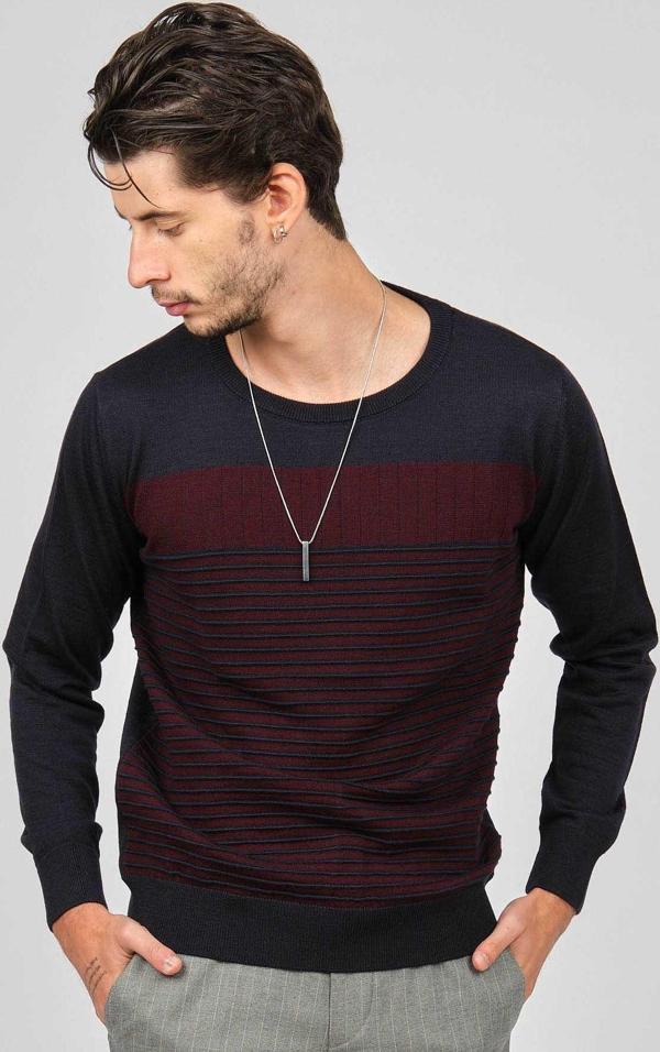 Desen Triko Erkek Bisiklet Yaka Desenli Yün Kazak 0249639 Lacivert - Image 1