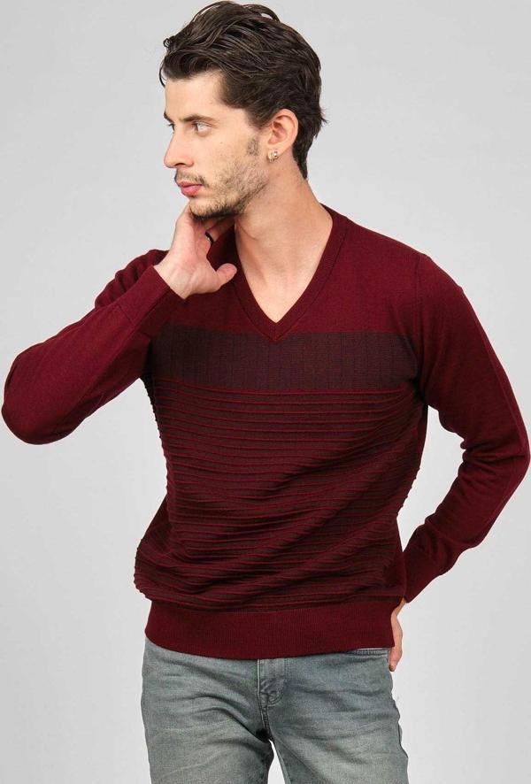 Desen Triko Erkek V Yaka Desenli Yün Kazak 0249640 Bordo - Image 1