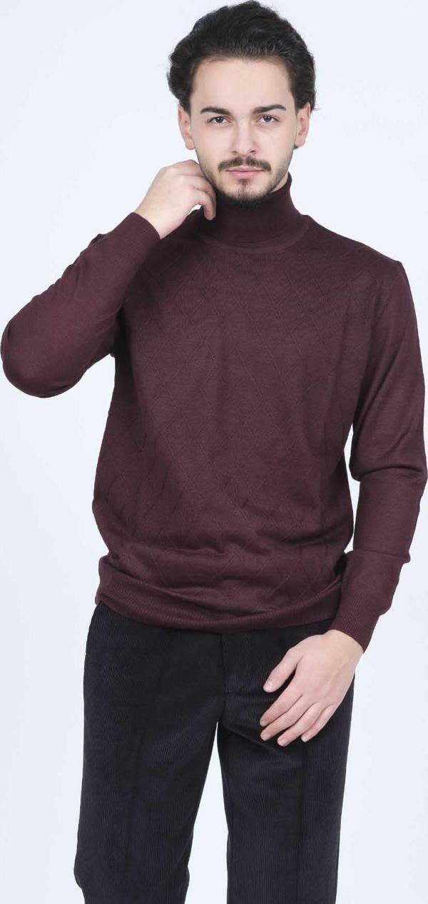 Woolen World Erkek Desenli Tam Balıkçı Triko Yün Kazak 5596984 Bordo - Image 1