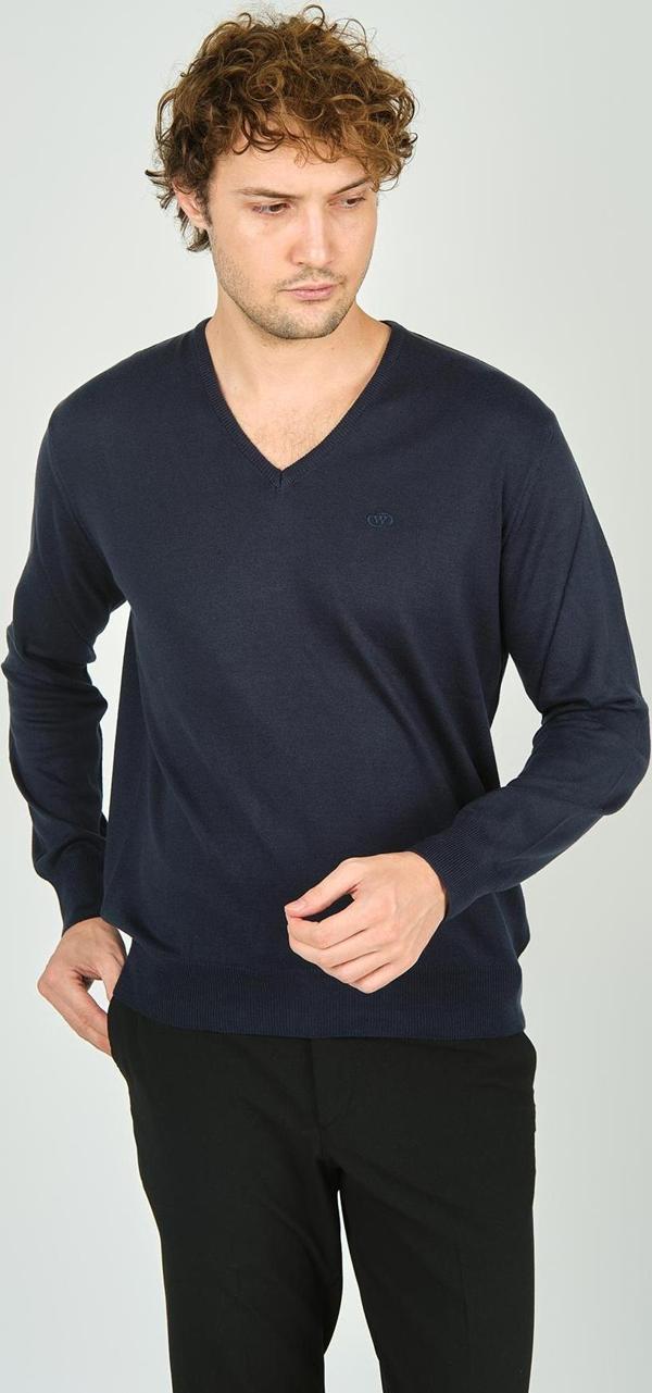 Woolen World Erkek V Yaka Uzun Kollu Yün Kazak 3022 Lacivert - Image 1