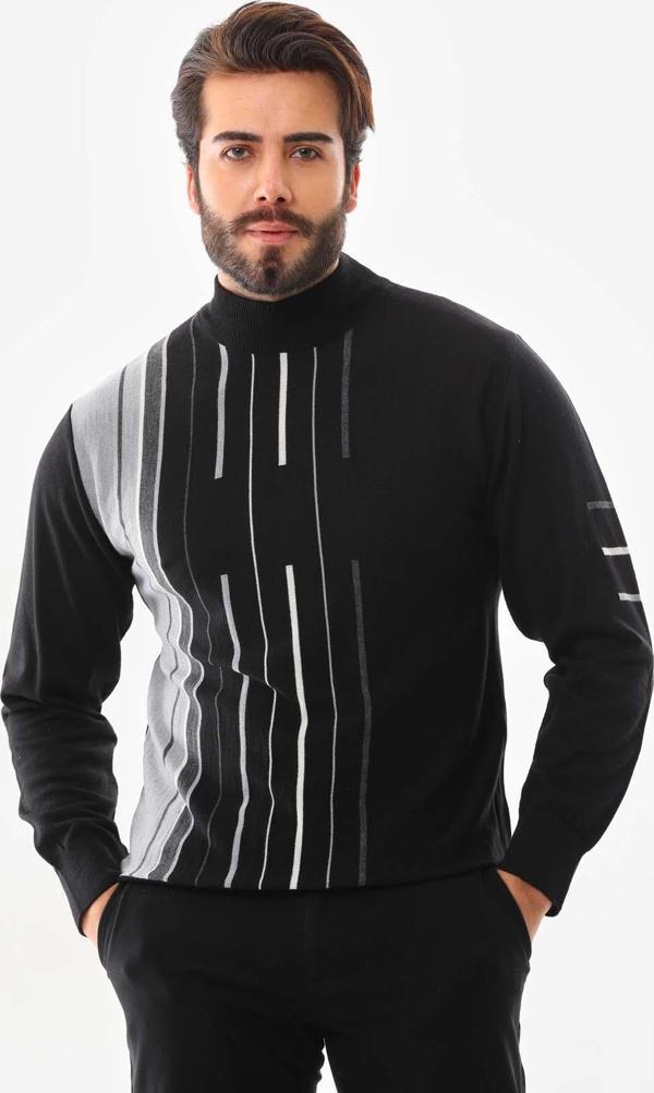 Beluga Erkek Yarım Balıkçı Yaka Çizgili Kazak 42363 Siyah - Image 1