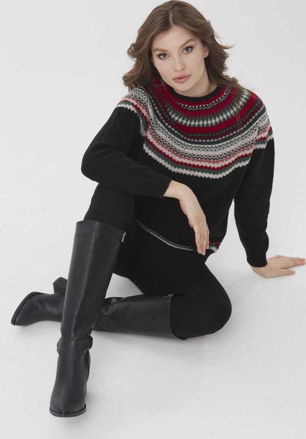 Desen Triko Kadın Sıfır Yaka İşleme Desenli Yün Kazak 0242086 Siyah - Image 1