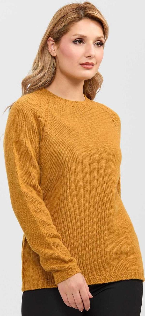 Desen Triko Kadın Sıfır Yaka Omzu Saç Örgülü Yün Kazak 22096 Hardal - Image 1