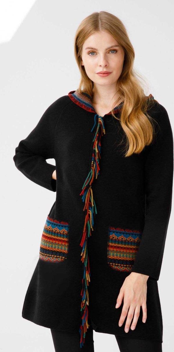 Desen Triko Kadın Önü Püsküllü Kapüşonlu Uzun Kaban 2258 Siyah - Image 1