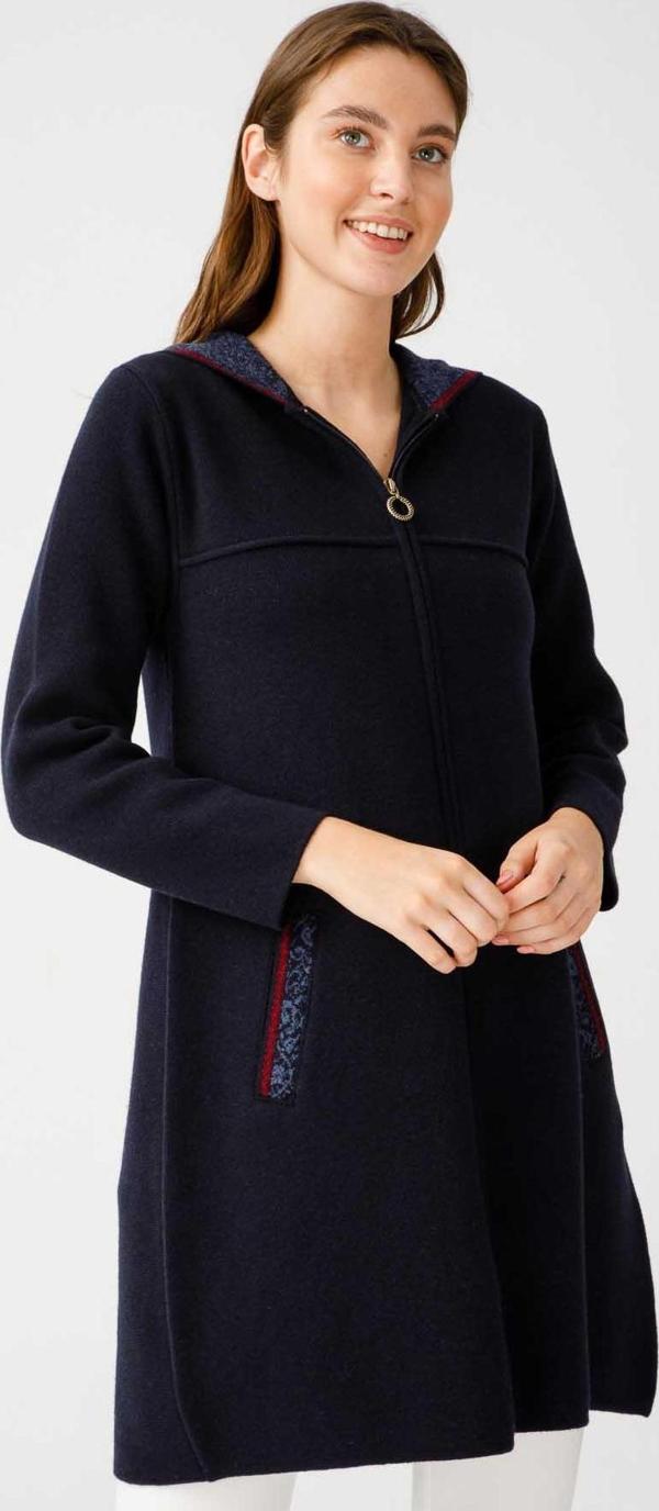 Desen Triko Kadın Kapüşonlu Yün Kaban 21156 Koyu Lacivert - Image 1