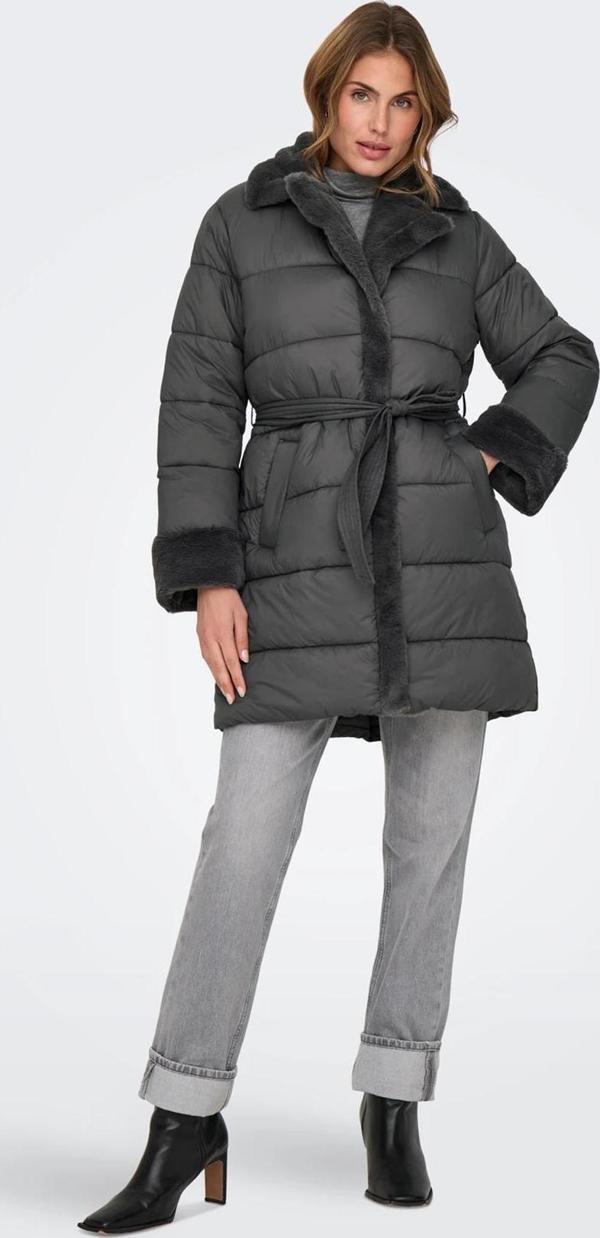 Only Kadın Onlcuba Peluş Yaka Detaylı Belden Bağlamalı Şişme Mont 15322452 Gri - Image 1