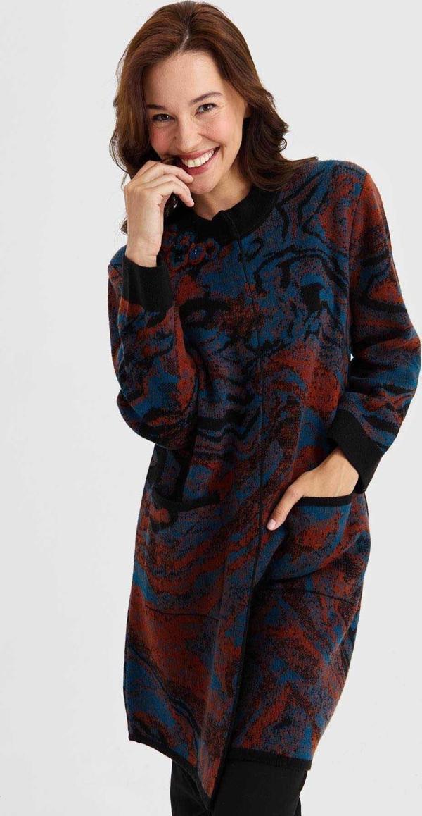 Desen Triko Kadın Dik Yaka Renkli Dalga Desenli Uzun Yün Kaban 23126 Siyah - Image 1