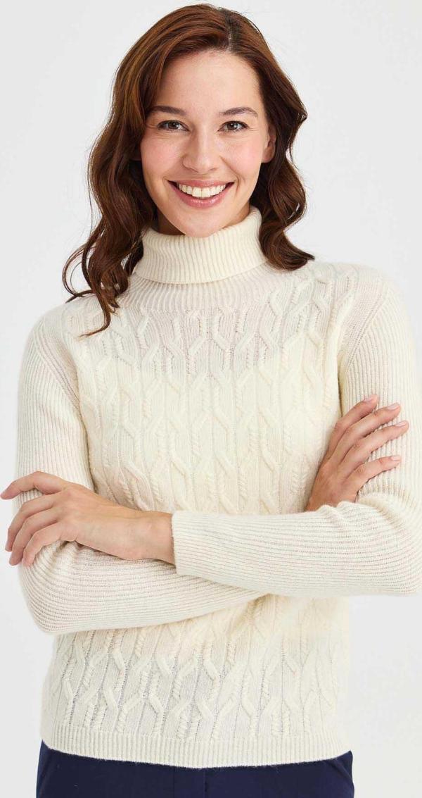 Desen Triko Kadın Tam Balıkçı Yaka Önü Yürütmeli Yün Kazak 23153 Kemik - Image 1