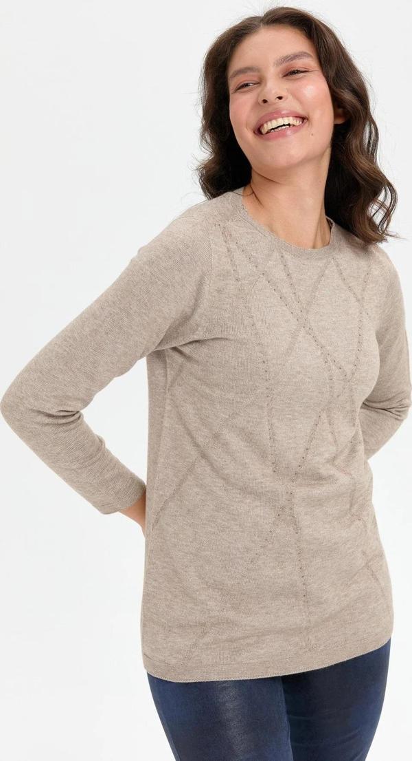 Desen Triko Kadın Önü Çapraz Desenli Taşlı Dikişsiz Kazak 24190 Vizon - Image 1