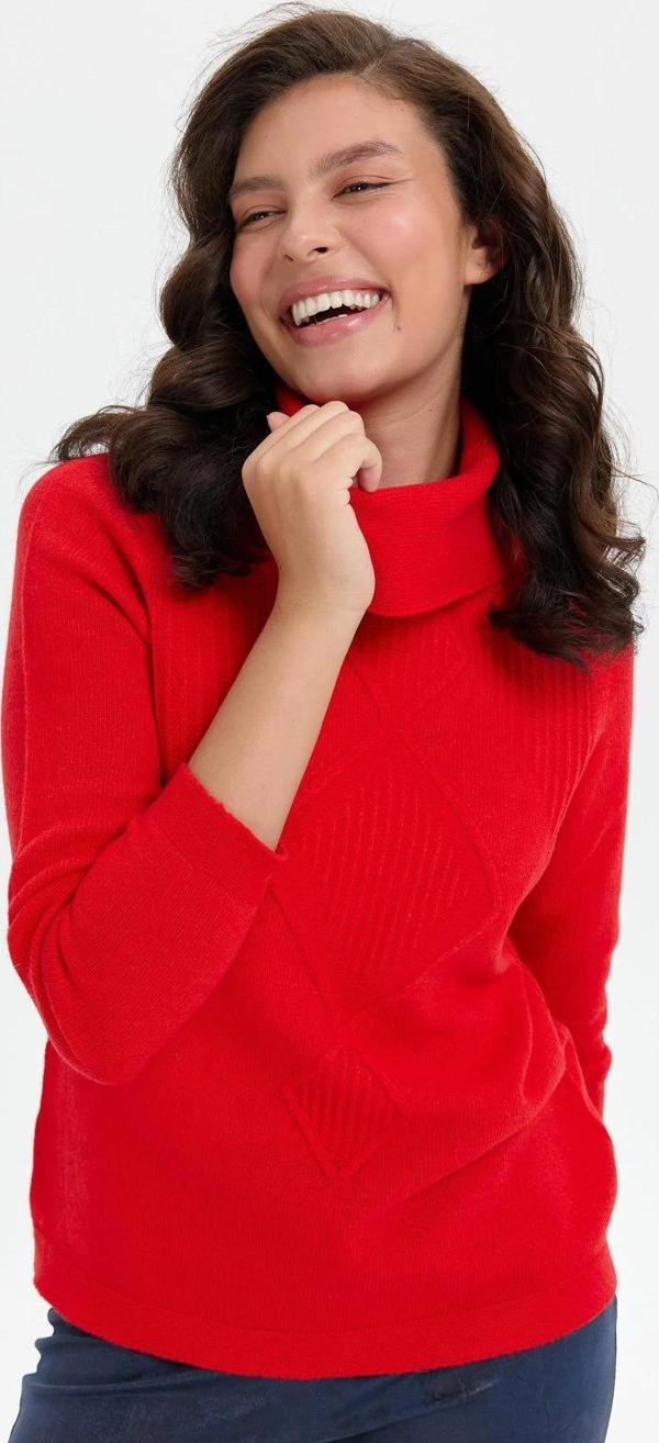 Desen Triko Kadın Degaje Yaka Dikişsiz Önü Selanik Örgü Yün Kazak 24200 Mercan - Image 1