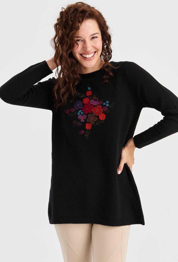 Desen Triko Kadın Sıfır Yaka Önü İşlemeli Uzun Yün Kazak 23156 Siyah - Image 1