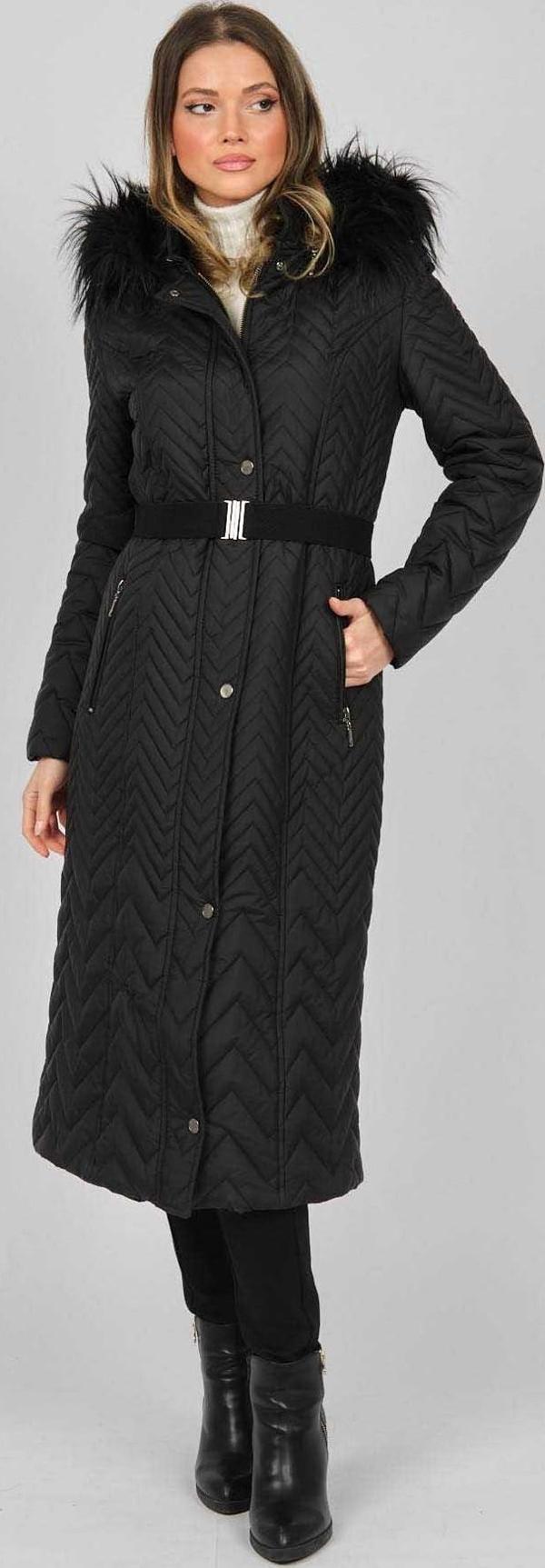 Veger Kadın Tüylü Kapüşonlu Beli Kemerli Kaban 4223046 Siyah - Image 1