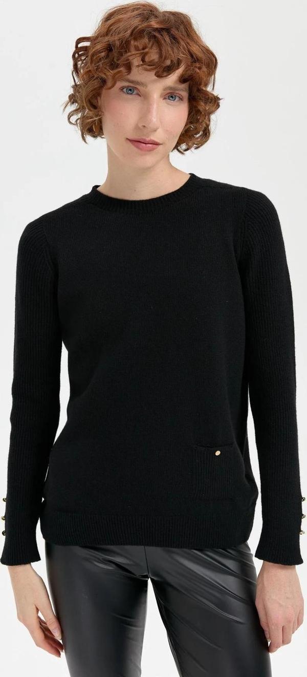 Desen Triko Kadın Sıfır Yaka Dikişsiz Cepli Yün Kazak 24205 Siyah - Image 1