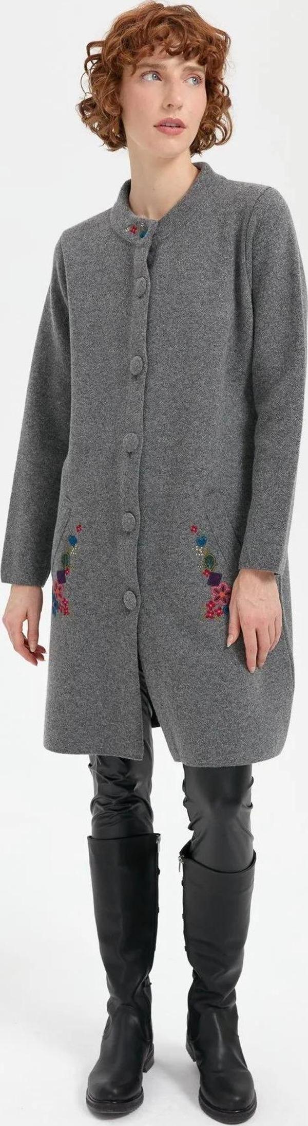 Desen Triko Kadın Dik Yaka Cebi İşlemeli Uzun Yün Kaban 24012 Füme - Image 1