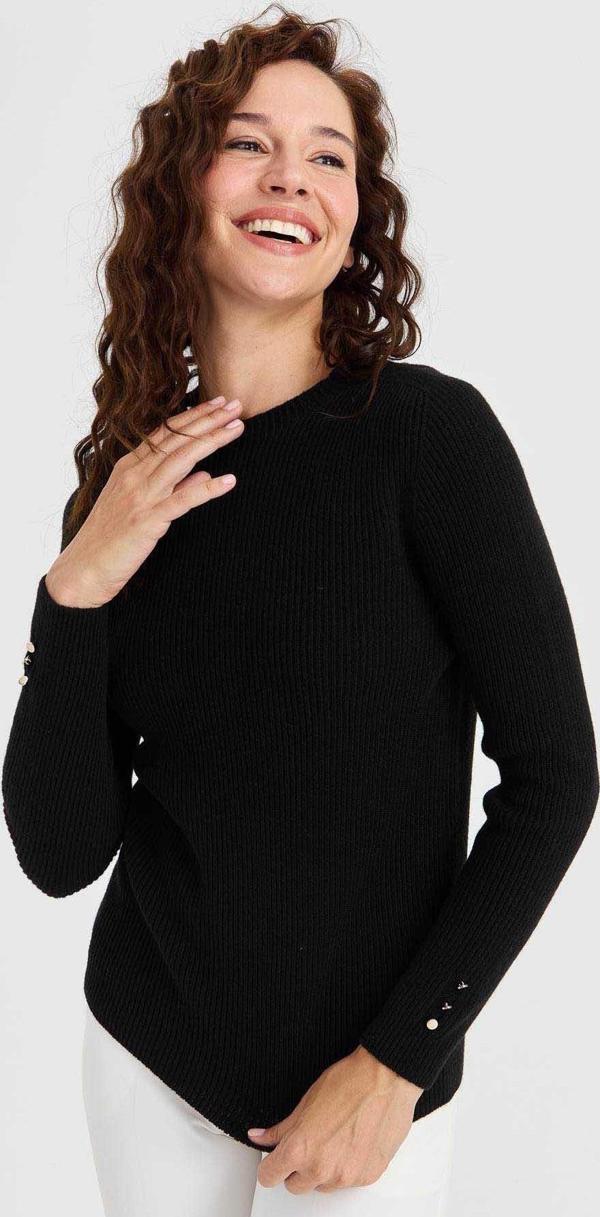 Desen Triko Kadın Sıfır Yaka Kol Ucu Düğmeli Yün Kazak 23158 Siyah - Image 1