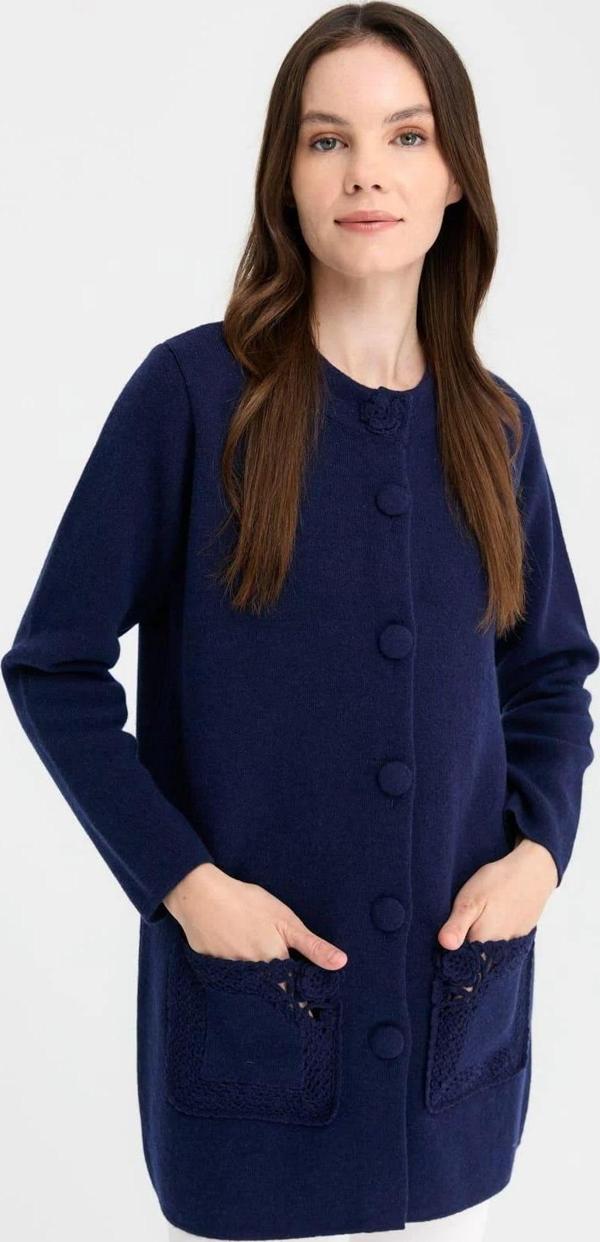 Desen Triko Kadın Dik Yaka Araboy Yün Kaban 24017 Y.A. Lacivert - Image 1