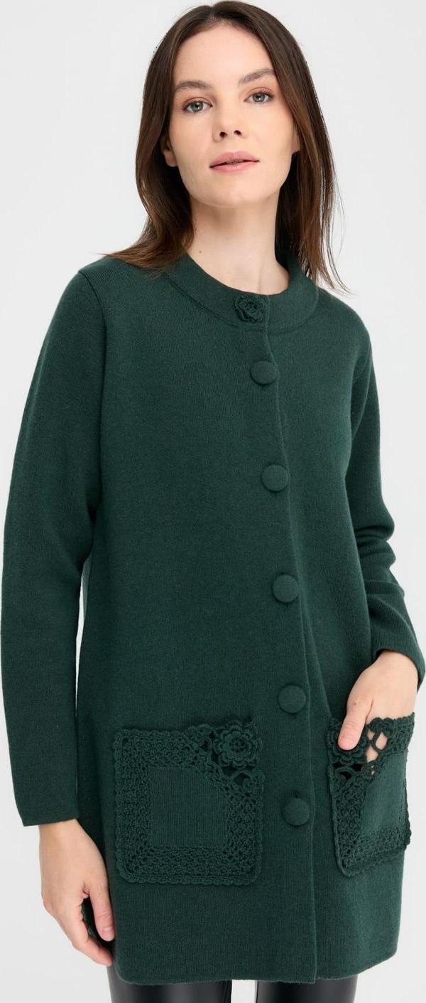 Desen Triko Kadın Dik Yaka Araboy Yün Kaban 24017 Yeşil - Image 1