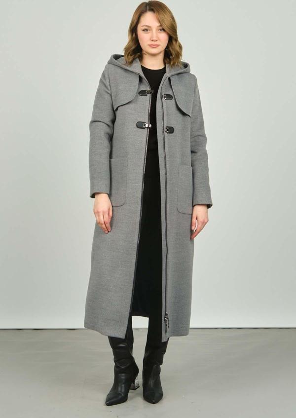 Veger Kadın Kapüşonlu Uzun Kaban 3155 Gri - Image 1