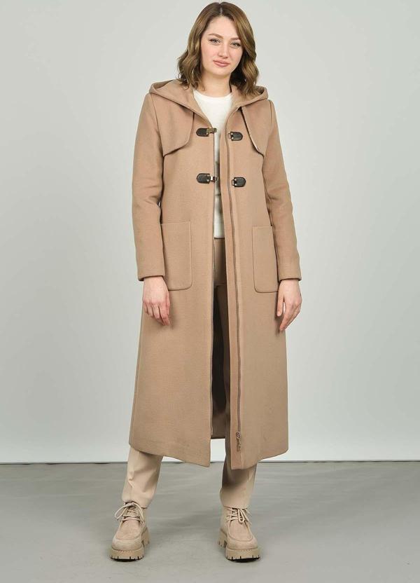 Veger Kadın Kapüşonlu Uzun Kaban 3155 Bej - Image 1