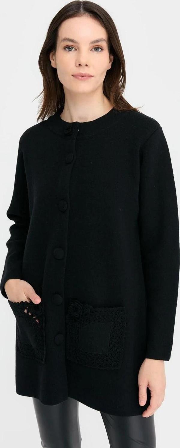 Desen Triko Kadın Dik Yaka Araboy Yün Kaban 24017 Siyah - Image 1