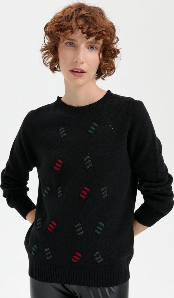 Desen Triko Kadın Sıfır Yaka Dikişsiz Yün Kazak 24211 Siyah - Image 1