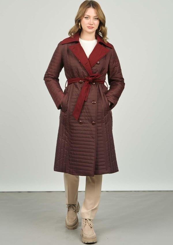 Veger Kadın Belden Bağlamalı Uzun Kaban 3254 Bordo - Image 1